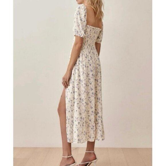 NWOT Reformation Marbella Blue Floral Smocked Puff Sleeve Midi Dress Medium - Picture 7 of 12